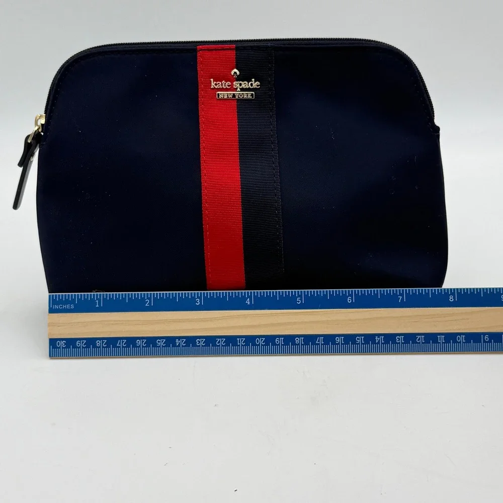 Kate Spade Navy Nylon Cosmetic Bag Red Black Stripe Logo Makeup Pouch